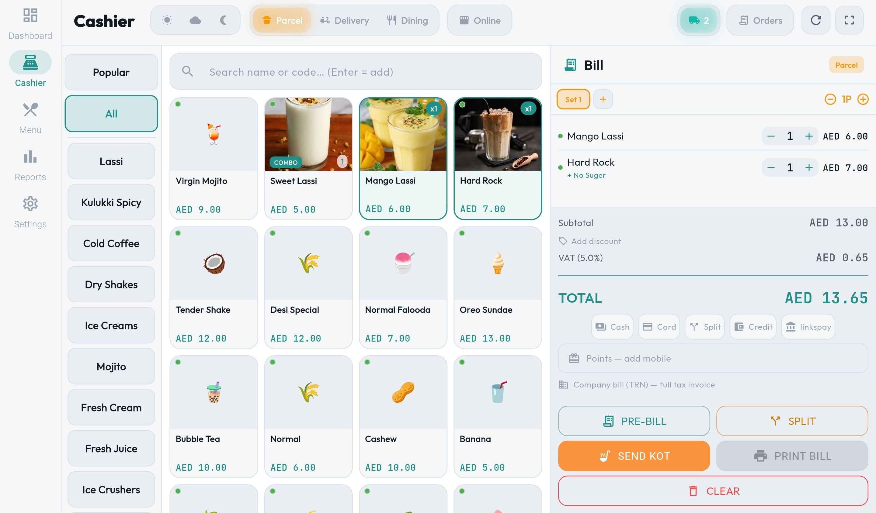 Dinelax POS cashier screen on a tablet: menu grid on the left, the current bill with VAT and payment options on the right