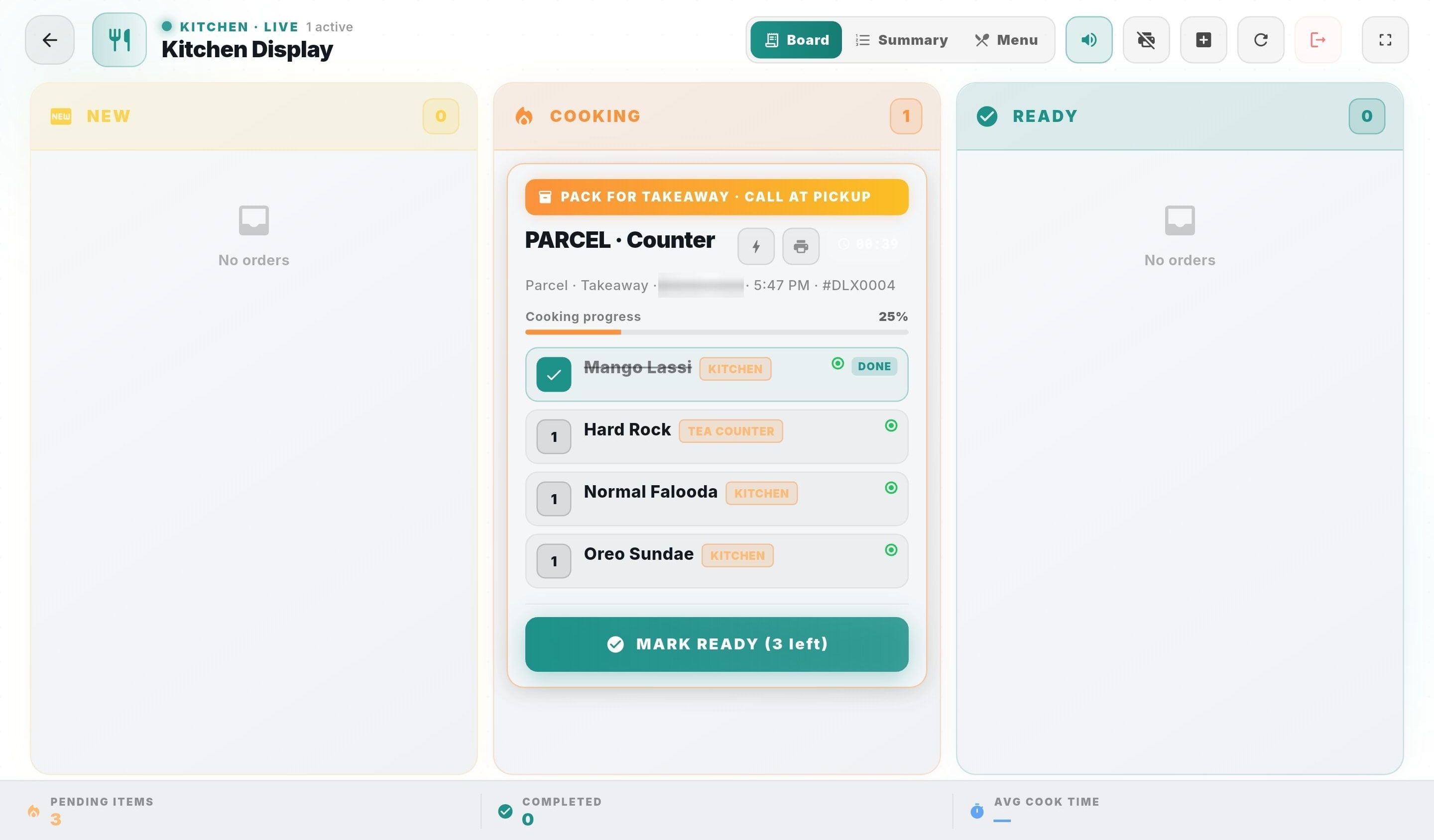 Kitchen Display board: a takeaway order in the Cooking column with per-item progress