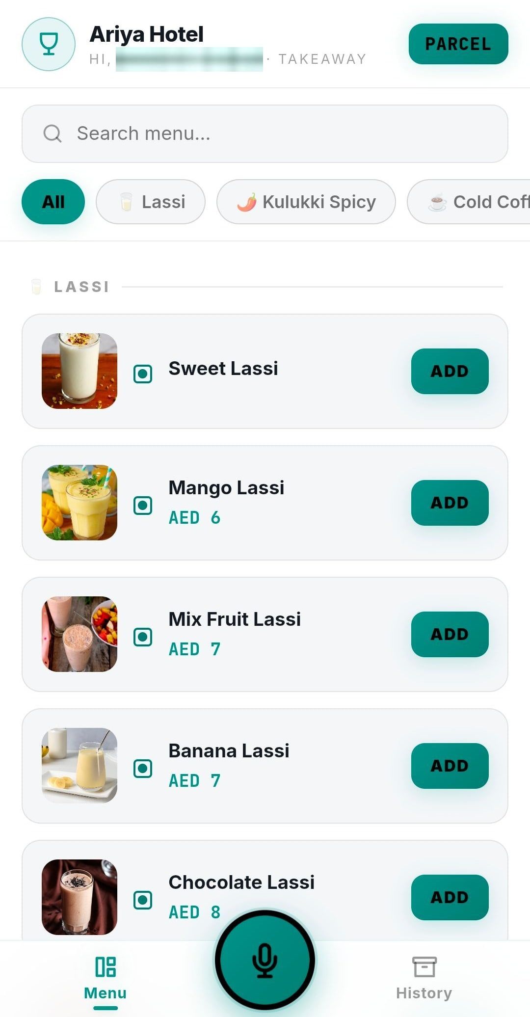 Parcel ordering on a phone: takeaway menu with item photos, prices and Add buttons