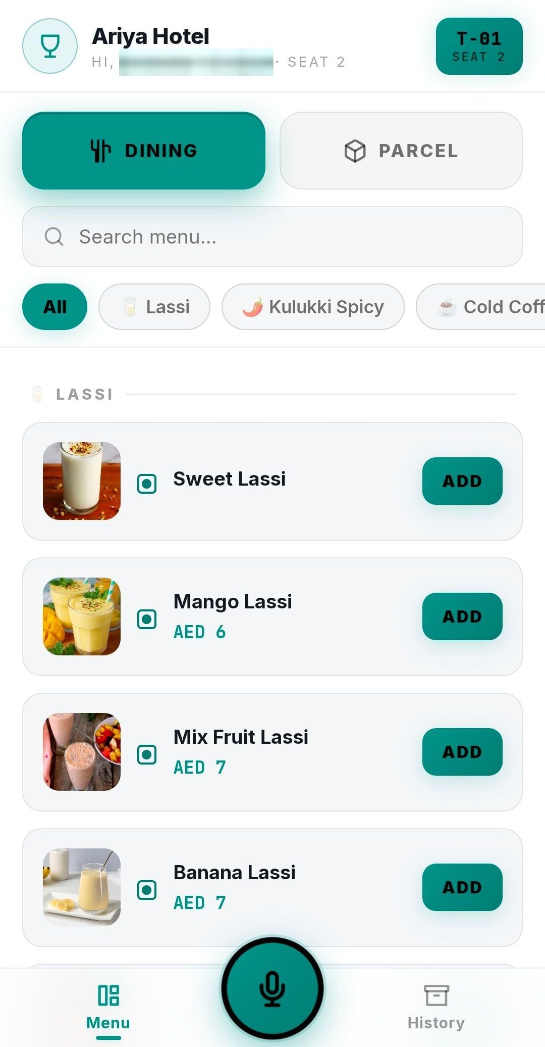 QR Ordering on a phone at table T-01: Dining or Parcel choice and a menu with photos, prices and Add buttons