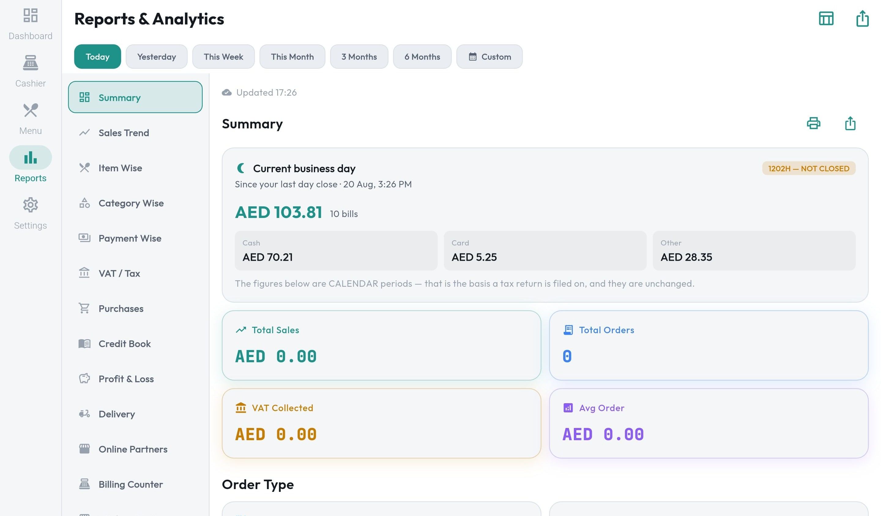 POS Dashboard Reports & Analytics screen: current business day summary with cash, card and VAT figures