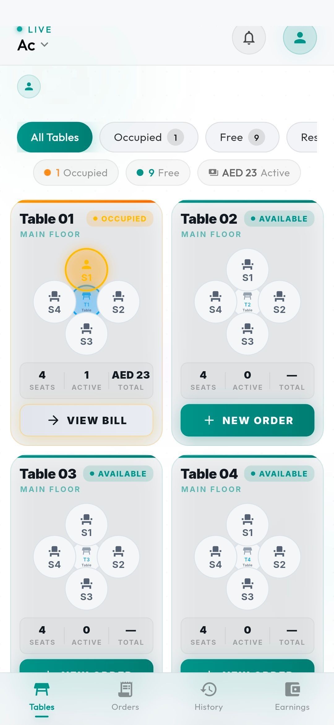 Waiter App on a phone: table cards showing seats, occupancy and a New Order button