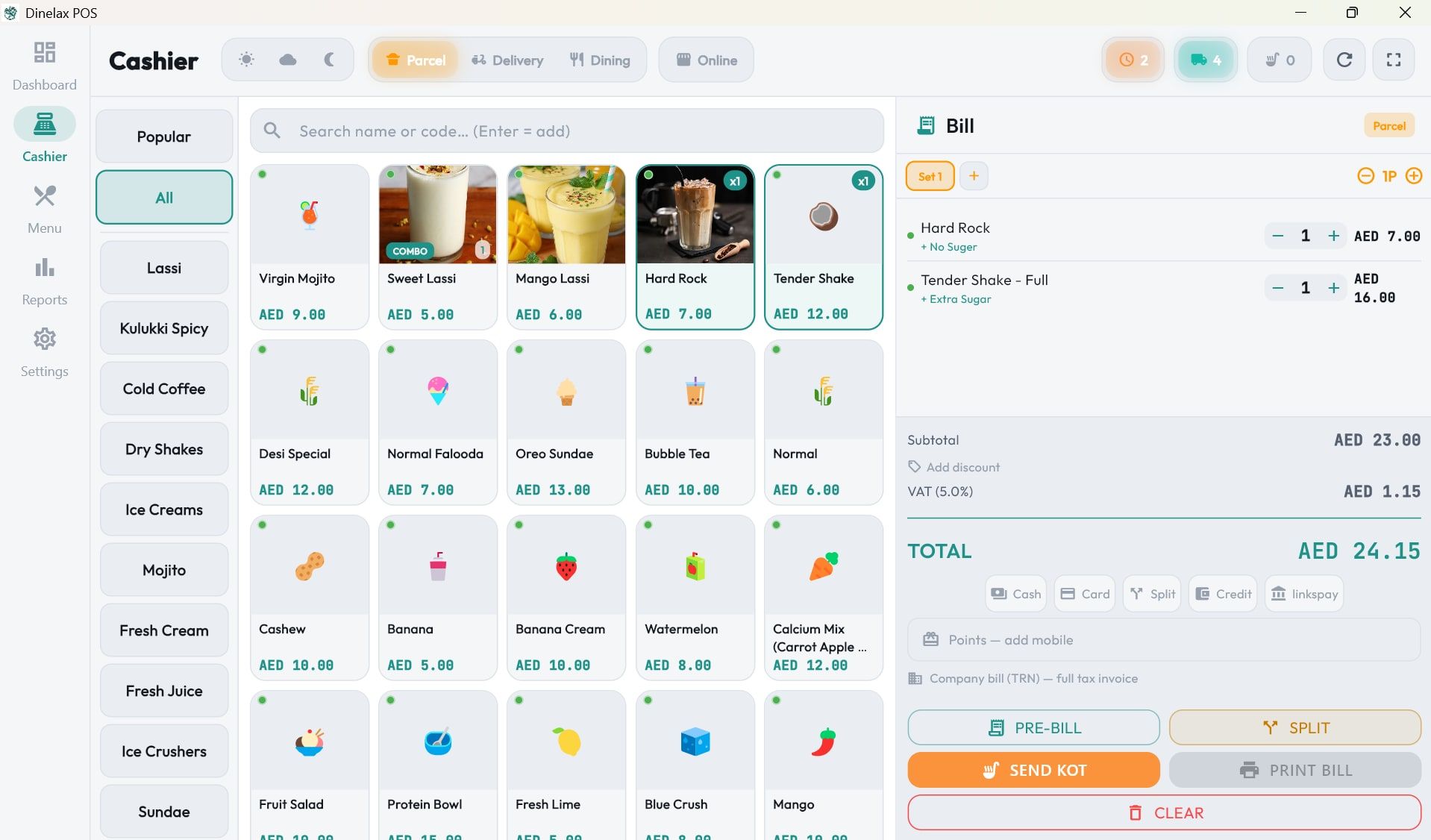 Dinelax POS running as a Windows desktop app: cashier menu grid and the current bill with VAT